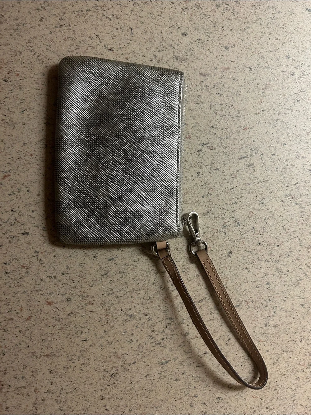 Michael Kors Metallic Silver MK Logo Zip Wristlet with Beige Strap